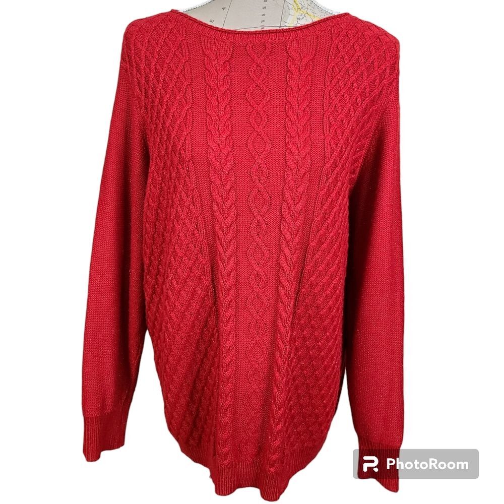 Karen Scott Woman Size 1X Red Sparkling Scoopneck Longline Cable Knit Sweater